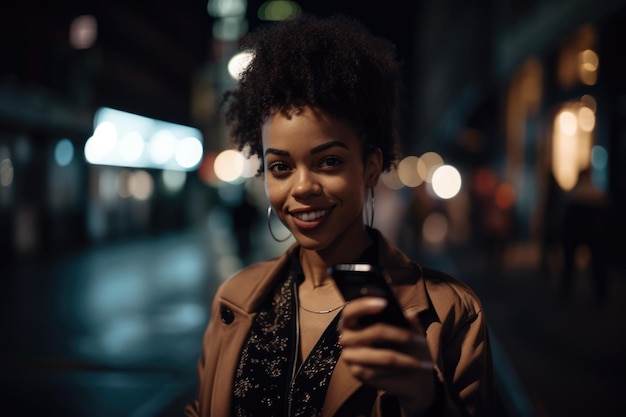 Toma de gran angular de una joven afroamericana con ropa de moda usando un teléfono móvil con el fondo de la calle urbana de la ciudad por la noche AI generativo AIG18