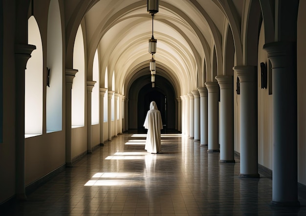 Una toma de gran angular de una monja caminando por un largo pasillo en un convento capturada desde un ángulo bajo para