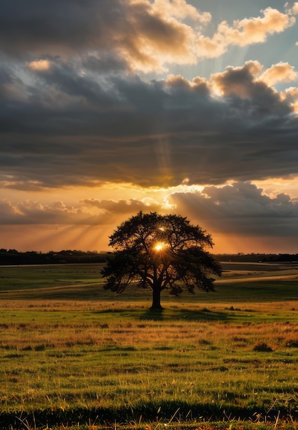 toma de gran angular de un solo árbol que crece bajo un cielo nublado durante una puesta de sol rodeada de hierba