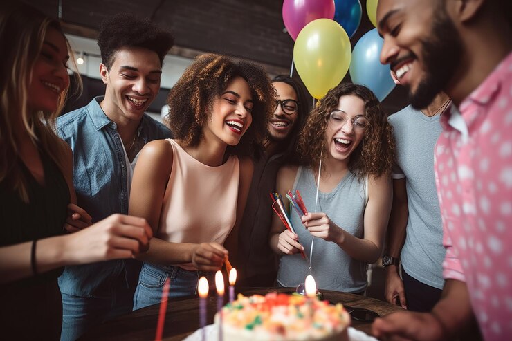 Toma de un grupo de amigos divirtiéndose en una fiesta de cumpleaños creada con IA generativa