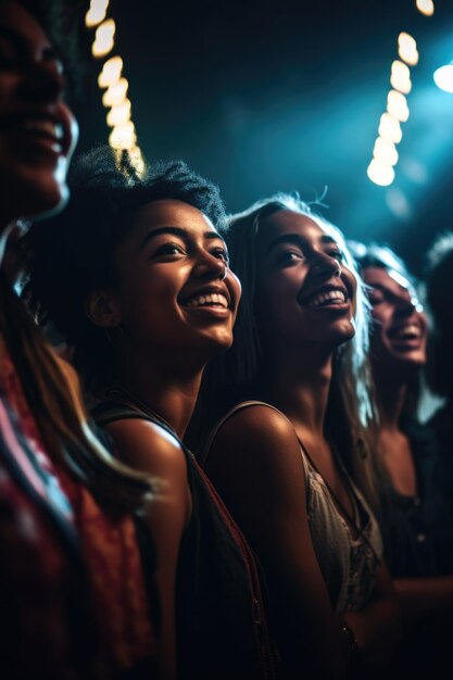 Toma de un grupo de jóvenes amigos divirtiéndose en un concierto creado con ai generativo