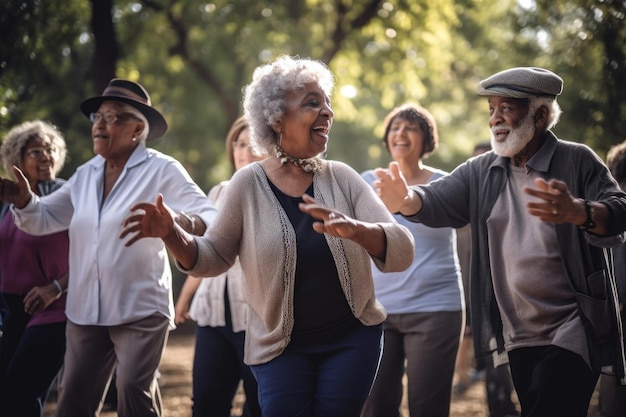 Toma de un grupo de personas mayores bailando música al aire libre creada con IA generativa