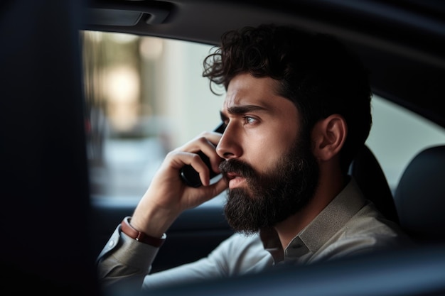 Toma de un hombre que usa su teléfono inteligente para hacer una llamada mientras está en su automóvil creado con IA generativa