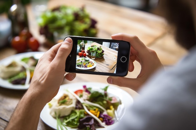 Toma de un hombre tomando una foto de su ensalada creada con inteligencia artificial generativa