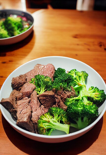 Toma horizontal de deliciosa mejor que la carne de res para llevar con brócoli ilustrado en 3d