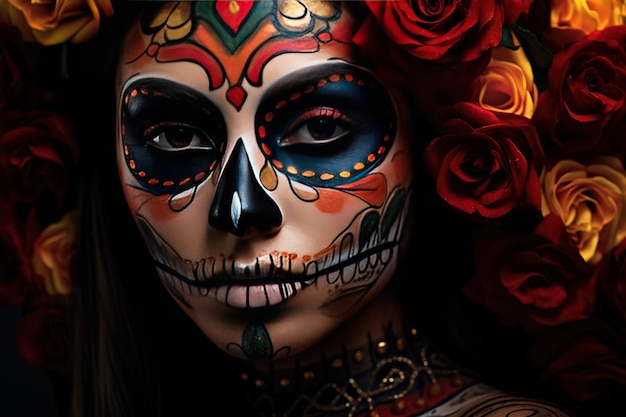 Toma horizontal de una mujer pensativa con maquillaje creativo para la celebración del Día de Muertos