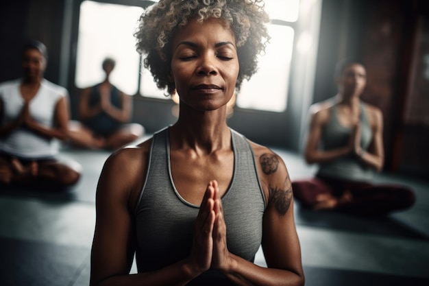 Toma de una instructora de yoga dirigiendo su clase durante la práctica creada con inteligencia artificial generativa