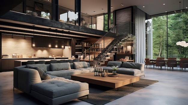 Una toma interior de una casa contemporánea con espacio habitable de concepto abierto