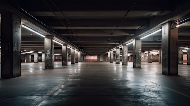 Toma interior de un estacionamiento subterráneo vacío