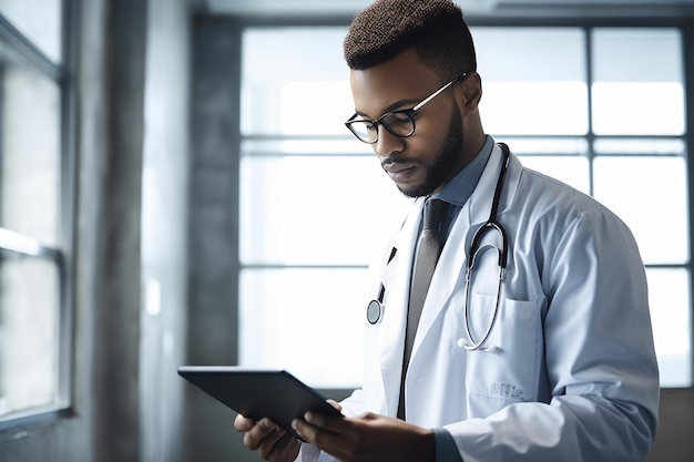 Toma de un joven médico usando una computadora y una tableta digital creada con ai generativa