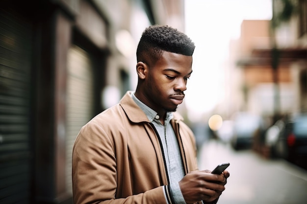 Toma de un joven usando un teléfono celular creado con IA generativa