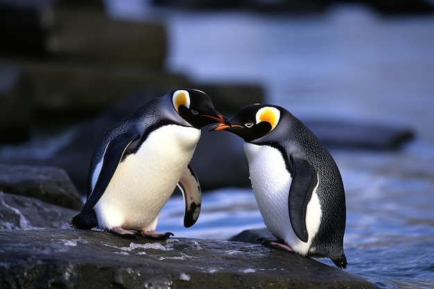 Una toma lúdica de pingüinos interactuando entre sí