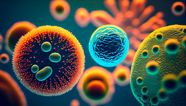 Toma macro de diferentes tipos de microbios Células de virus y bacterias sobre fondo abstracto IA generativa