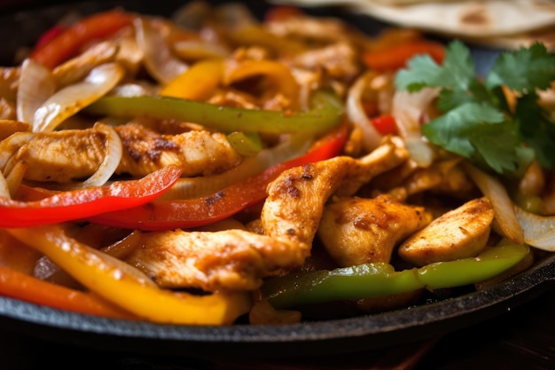 Toma macro de fajitas coloridas con una mezcla de pollo marinado, pimientos rojos y verdes, cebollas