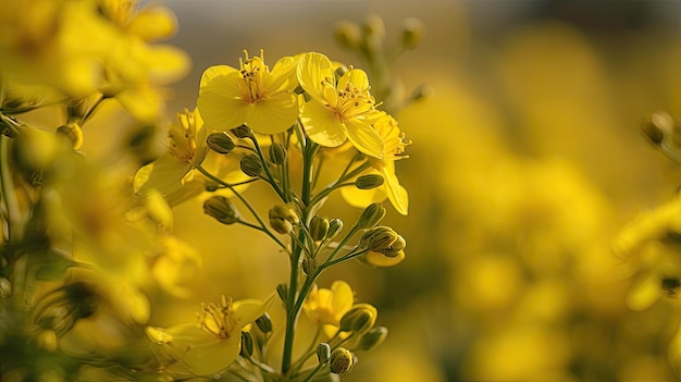 Toma macro de flores de canola en tono amarillo vibrante IA generativa