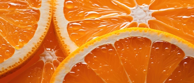 Toma macro de gajos de naranja frescos que muestran las vesículas de pulpa y colores vibrantes AI Generative