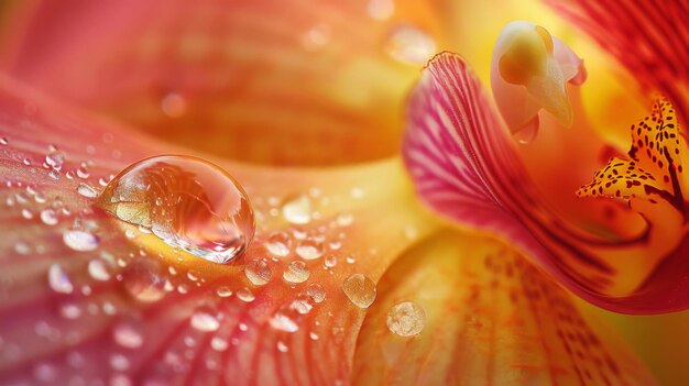 Una toma macro de una gota de rocío magnificando los detalles intrincados de un delicado pétalo de orquídea que muestra la perfección impresionante de la naturaleza.