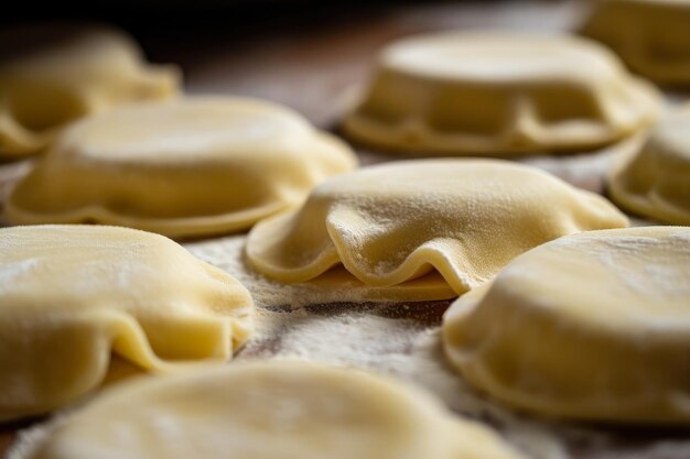 Toma macro de masa de ravioli recién hecha enrollada y cortada en forma