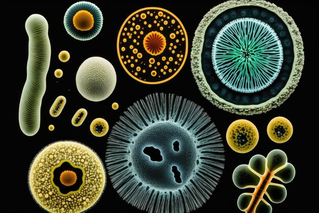 Toma macro de microbios y virus aislados en un fondo negro