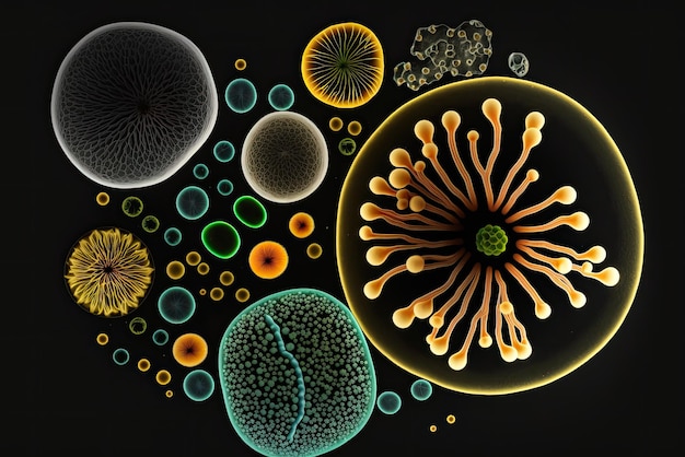Toma macro de microbios y virus aislados en un fondo negro