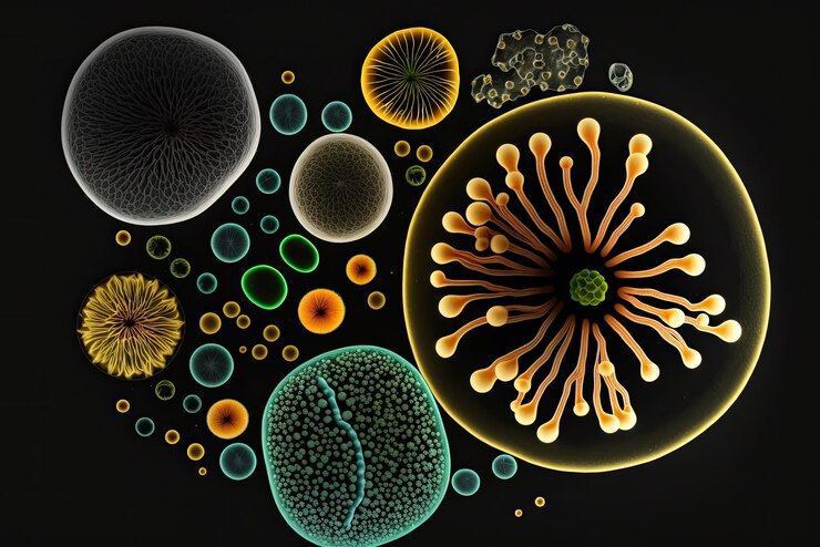 Toma macro de microbios y virus aislados en un fondo negro