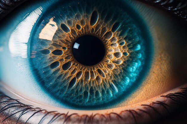 Foto toma macro de un ojo azul en un ambiente estéril ai generativo