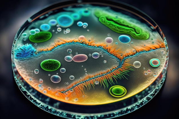 Toma macro de primer plano de bacterias en placa de Petri de laboratorio por IA generativa