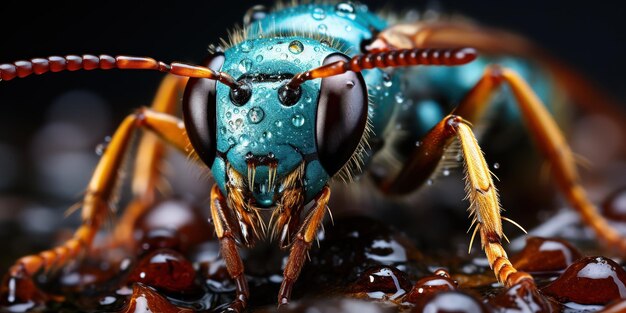 Foto la toma macro revela el intrincado detalle de una avispa que destaca sus vivos ojos azules.