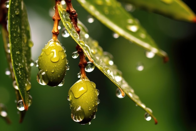 Foto toma macro de una sola aceituna con gotas de aceite creadas con ai generativo