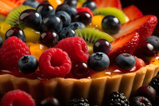 Toma macro de una tarta de frutas de colores vivos
