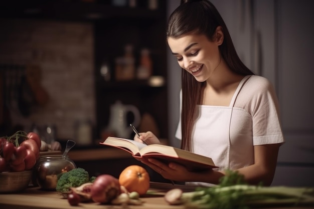 Toma de una mujer comiendo una manzana y una ensalada creada con IA generativa