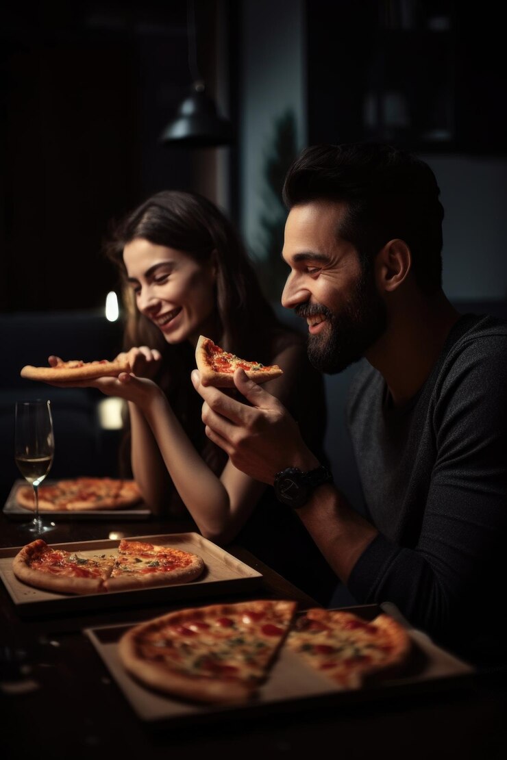 Toma de una mujer disfrutando de una pizza mientras su esposo usa su teléfono inteligente creado con IA generativa