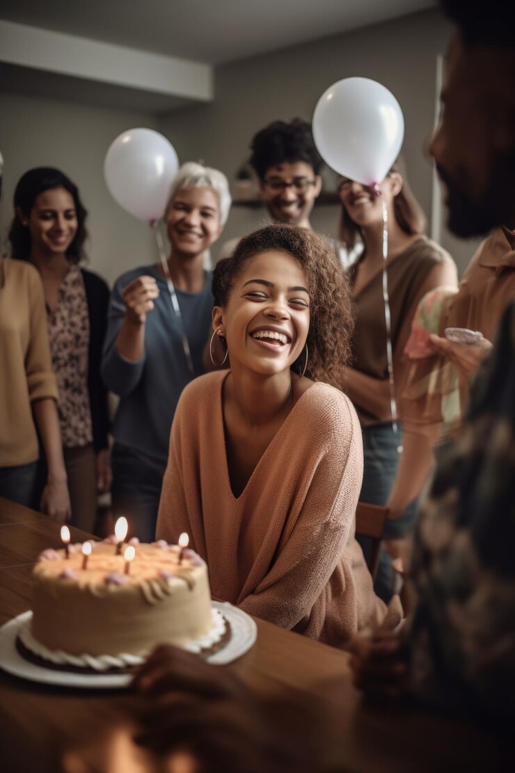 Toma de una mujer joven celebrando su cumpleaños con su familia creada con IA generativa