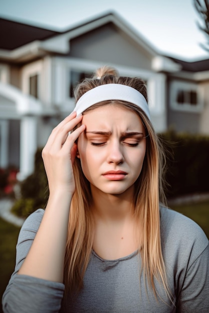 Toma de una mujer joven que sufre de dolor de cabeza frente a su casa creada con ai generativo