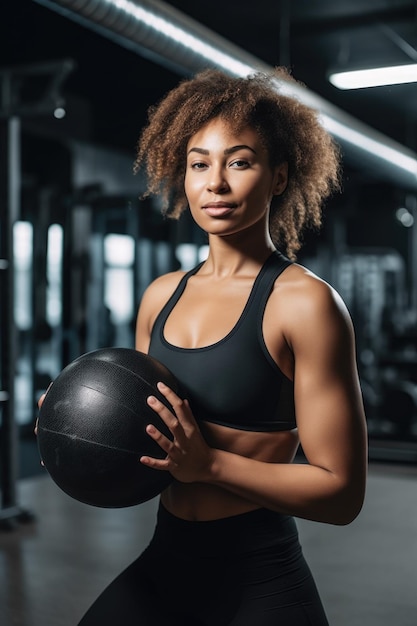 Toma de una mujer joven sosteniendo una pelota de baloncesto en el gimnasio creada con IA generativa