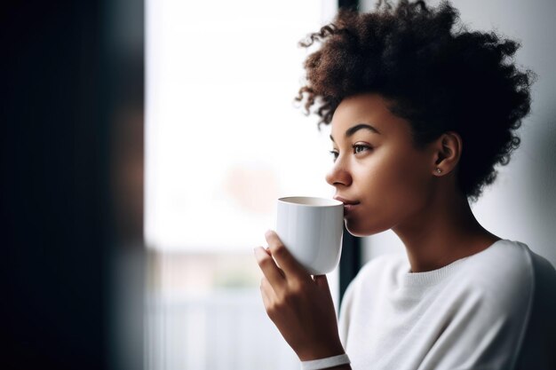 Toma de una mujer joven tomando café en casa creada con ai generativo