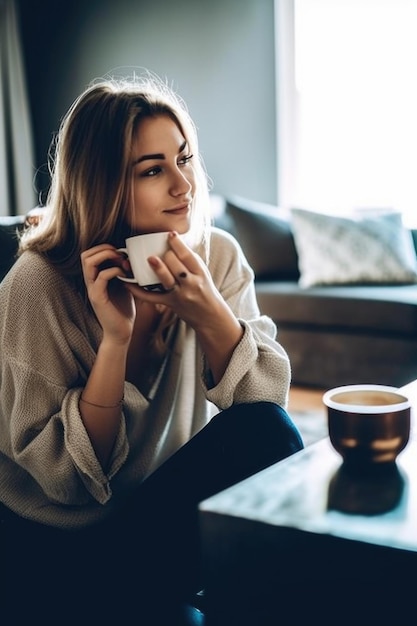 Toma de una mujer joven tomando café en su casa creada con ai generativo