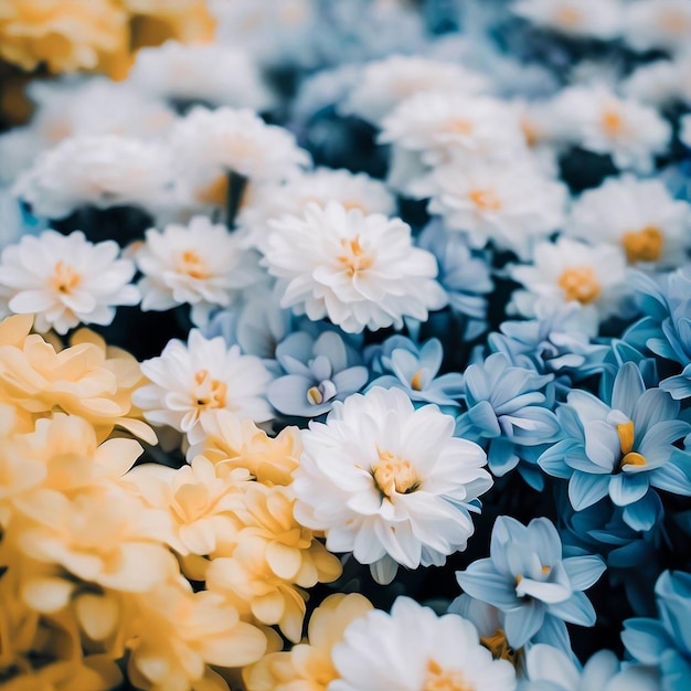 Una toma muy amplia de flores en colores amarillo, azul y blanco.