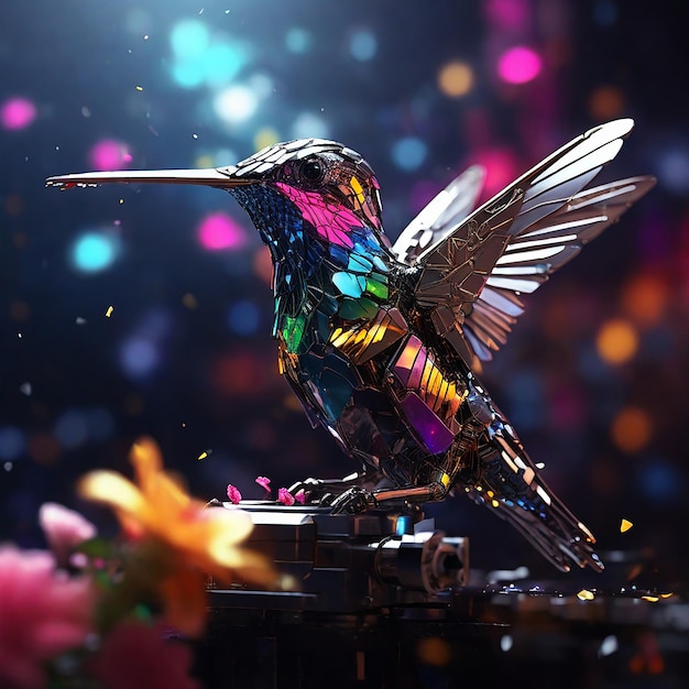 Una toma muy detallada de un colibrí mecánico alimentando una flor en un fondo vibrante de cyberpunk