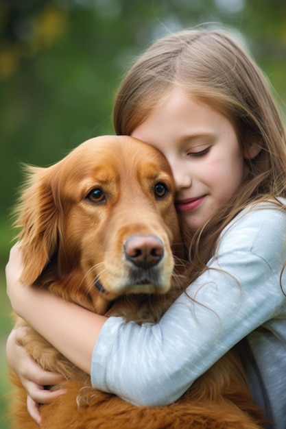 Toma de una niña abrazando a su perro creada con IA generativa