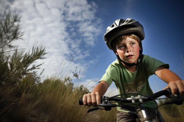 Toma de un niño en una bicicleta de montaña creada con IA generativa