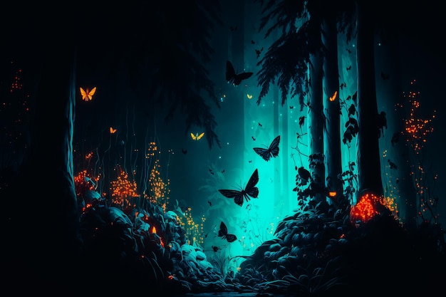Una toma nocturna de un bosque con luces de neón con el sonido de los grillos y otras criaturas nocturnas