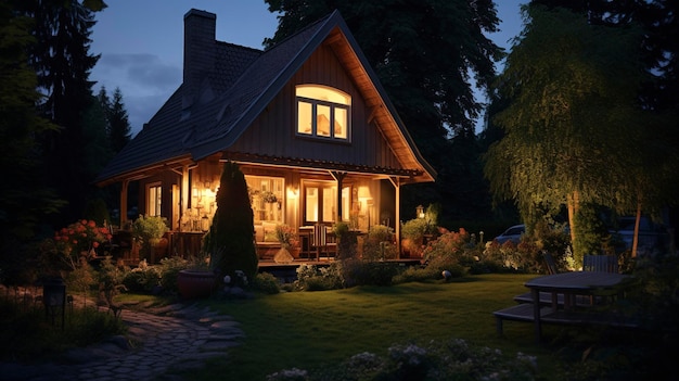 Una toma nocturna de una casa estilo rancho con iluminación de paisaje