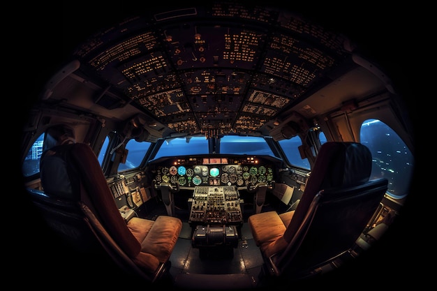 Toma nocturna panorámica del interior de la cabina del avión