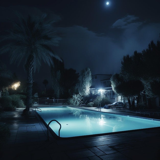 toma nocturna de una piscina con una palmera y una casa al fondo ai generativo