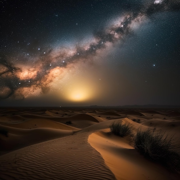 Una toma nocturna de la Vía Láctea sobre el desierto.