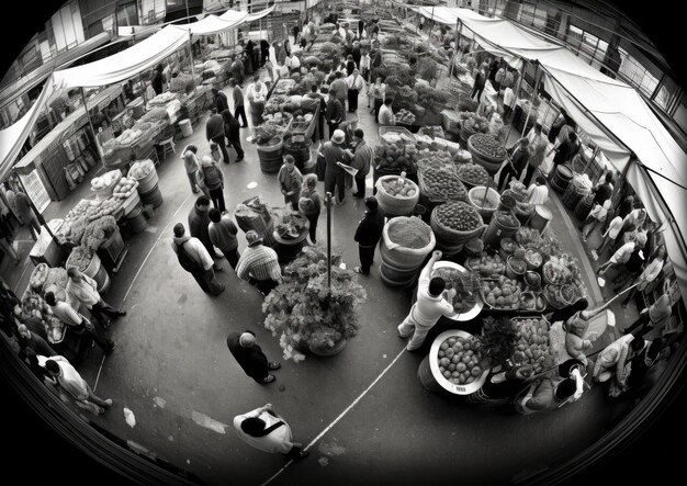 Una toma de ojo de pez que captura el caos vibrante de un mercado de agricultores La cámara está posicionada baja