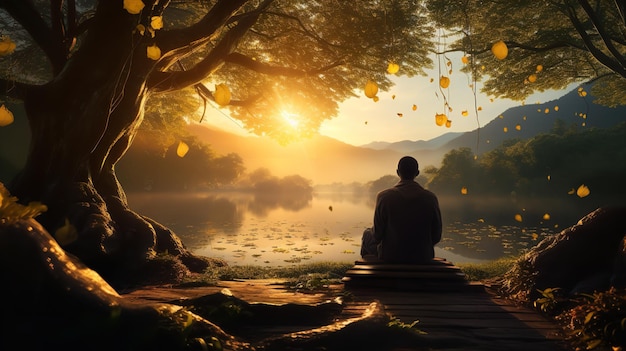 Foto toma de paisaje de un hombre sentado en el lago durante la puesta de sol ia generativa