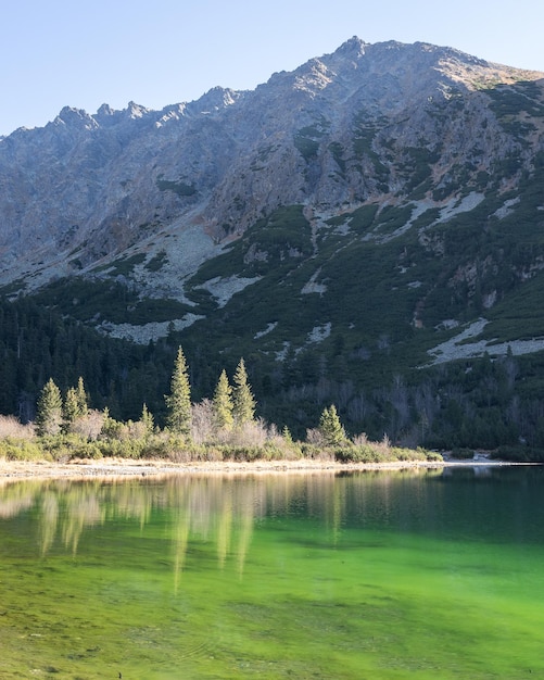 Toma de paisaje vertical de un tarn verde debajo de la cordillera rocosa europa eslovaquia