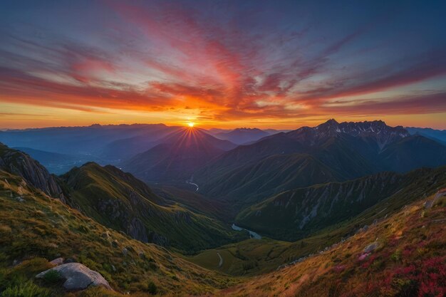 una toma panorámica de un amanecer vibrante sobre una tranquila cordillera